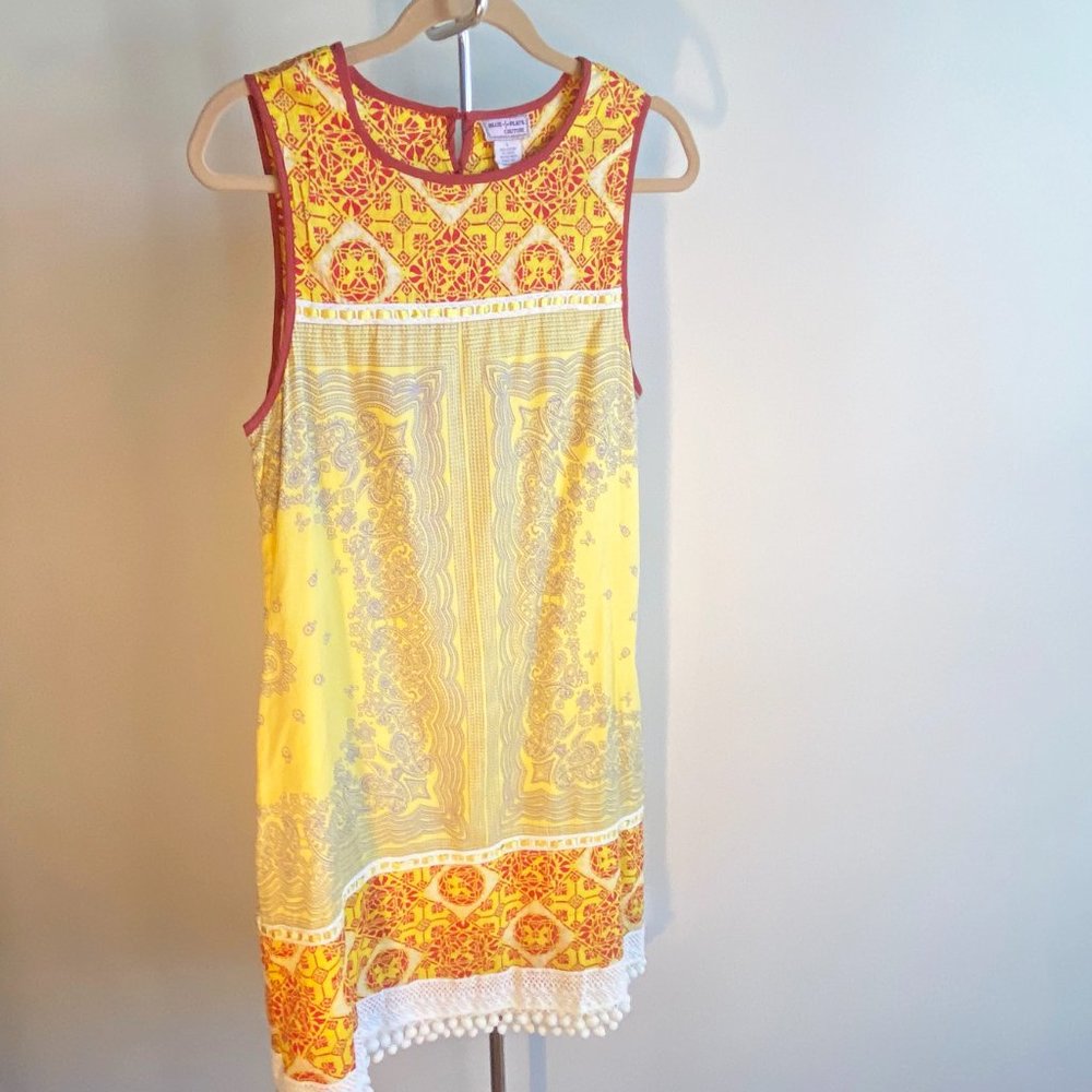Red and Yellow Sleeveless Dress with PomPom Trim, Perfect Condition